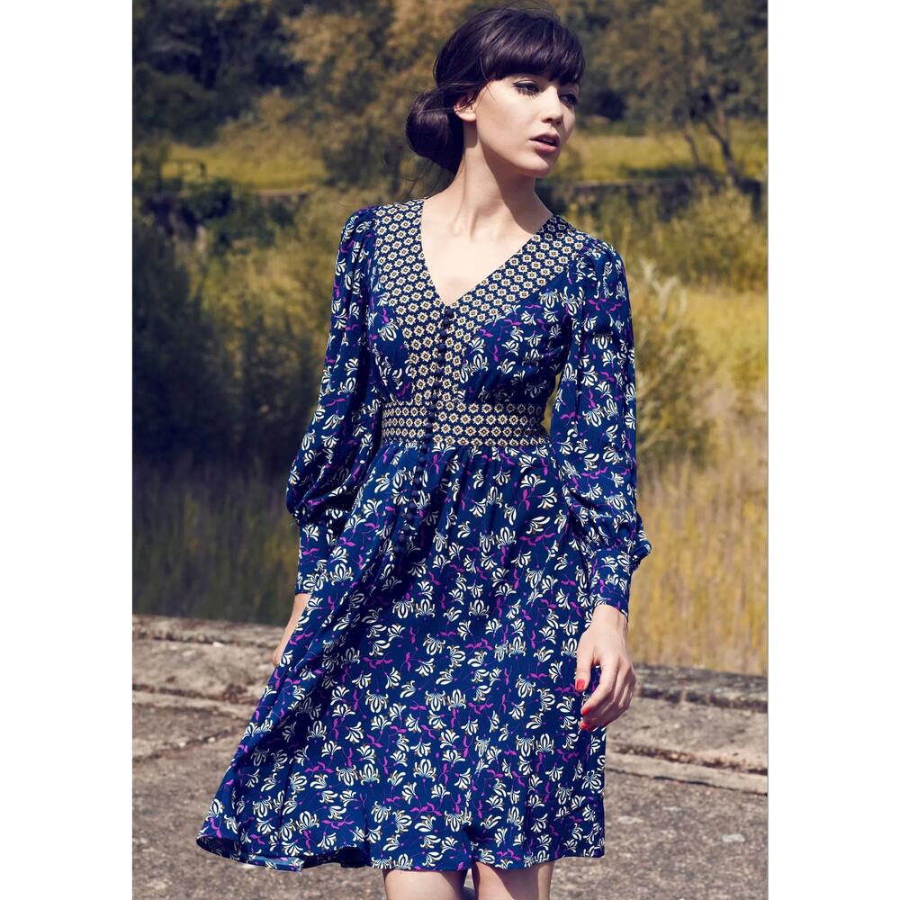 Pearl Lowe Peacocks Blue Floral Print Vintage Style Tea Dress UK 12 / US 8